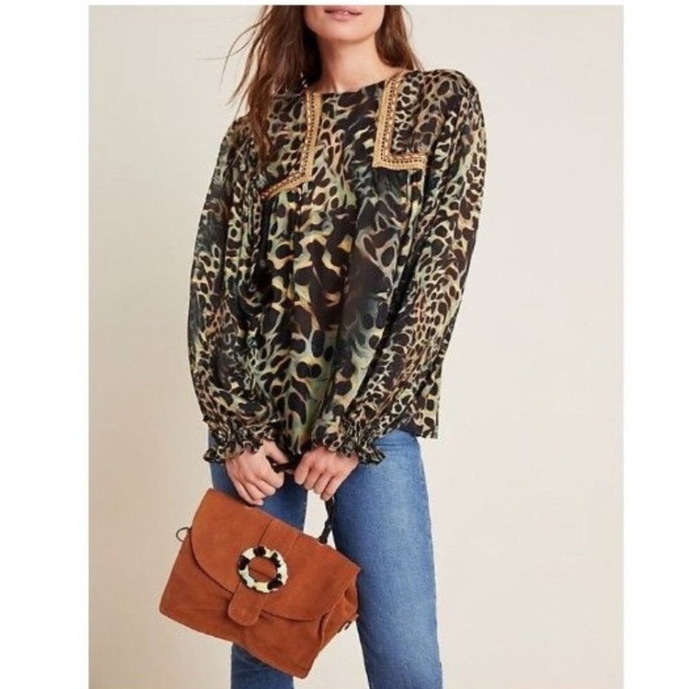 Bl^nk London Joelle Leopard Print Peasant Blouse XS Black Green - Picture 4 of 16